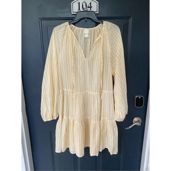 H&M Puff-sleeved Dress, Yellow White Stripe Dress, Size Medium - Picture 1 of 10